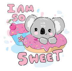 Koala and Cake Vector hand drawn illustration isolated on a white background. Cute kids print