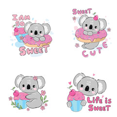Set Koala and Cake Vector hand drawn illustration isolated on a white background. Cute kids print