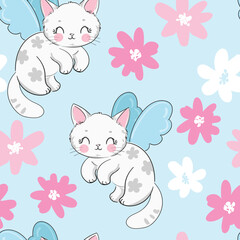 Cute cat with wings and flowers Seamless pattern vector illustration. Magic Kids print and poster.