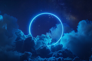 Dark night clouds framed by electric ice blue neon in a 3D portrait frame.