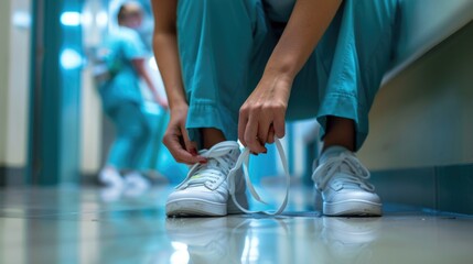 Person tying shoe in hospital hallway, suitable for medical concepts