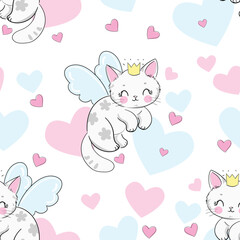 Cute cat with wings and hearts Seamless pattern vector illustration. Magic Kids print