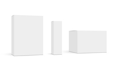 Set Of Packaging Rectangular Boxes Mockups, Side View, Isolated On White Background. Vector Illustration