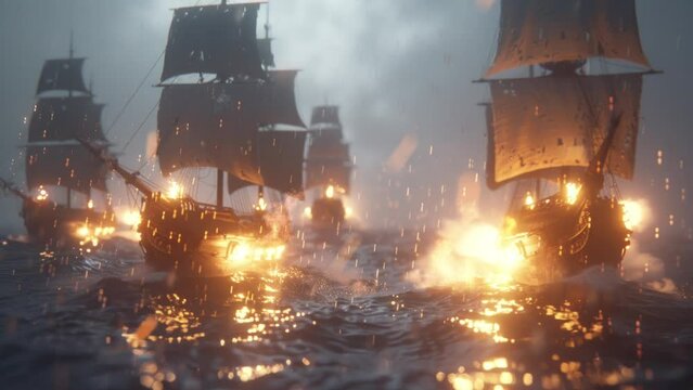Pirate ships fighting during a storm