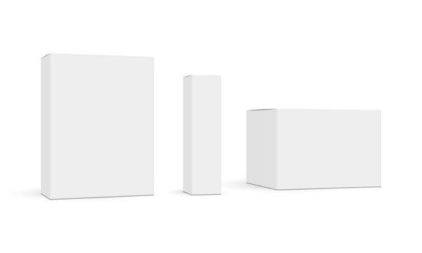 Set Of Packaging Rectangular Boxes Mockups, Side View, Isolated On White Background. Vector Illustration