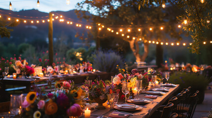 A long wooden table set with a variety of food and floral centerpieces, with a canopy of string lights above it.
