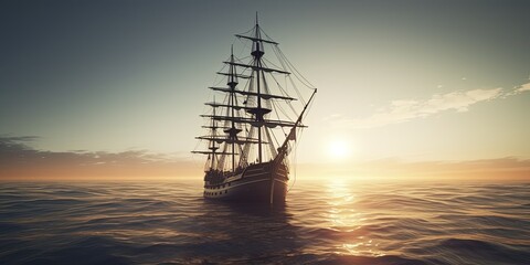 Sailing ship on a sea cruise. Sunset. Travel.