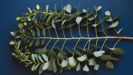 Fototapeta premium Eucalyptus branch with fresh leaves on color background top view
