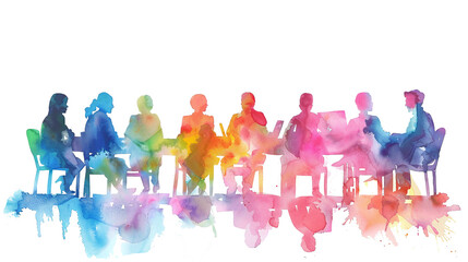 Colorful silhouettes of people painted in watercolor in a city at a networking event
