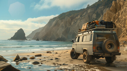Adventure van on a secluded beach, framed by steep cliffs