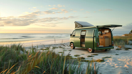 Early morning on the beach with a vintage green camper van open