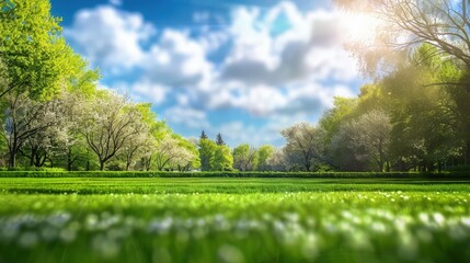 Fototapeta premium An expansive view of a lush green meadow under a brilliant blue sky, with the sun shining brightly and a gentle breeze rustling the grass, evoking a sense of peace and natural beauty.