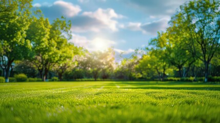 A bright and cheerful summer scene with vibrant green grass stretching out under a clear blue sky, dotted with a few fluffy white clouds, capturing the essence of a perfect sunny day.