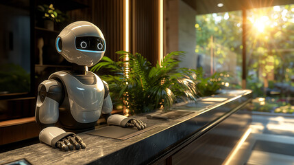 Modern robot receptionist ready to assist customers at a stylish hotel reception desk with plants and soft lighting.
