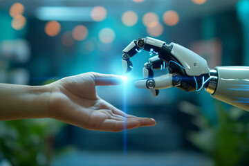a photo of a human-like robot hand and a human hand pointing at itself on a background