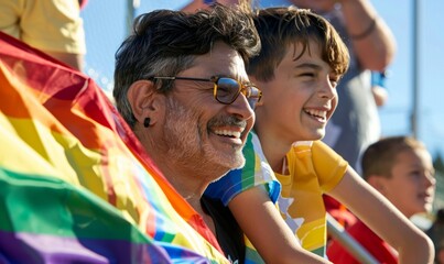 Obraz premium A fun moment for LGBTQ+ parents cheering enthusiastically on their child at a school sports event.