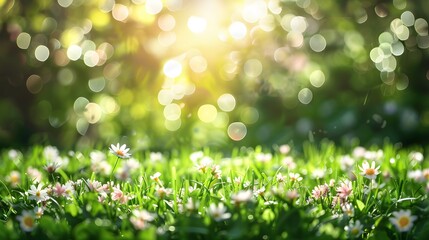 Obraz premium A fresh spring sunny garden background of green grass and blurred foliage bokeh