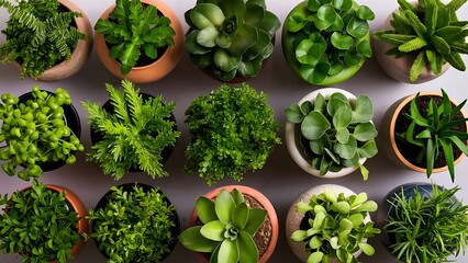 Top view of beautiful various green houseplants in pots