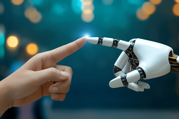 Human hand touching a robotic finger against a blurred background, symbolizing technology and human interaction in the digital age.