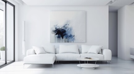 Minimalist living room in white color with a sleek white sofa, abstract art on the walls