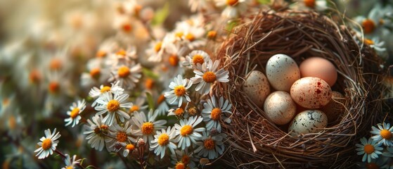 Happy Easter greeting Card with copy space. Colorful easter eggs with spring flowers on dark blue background