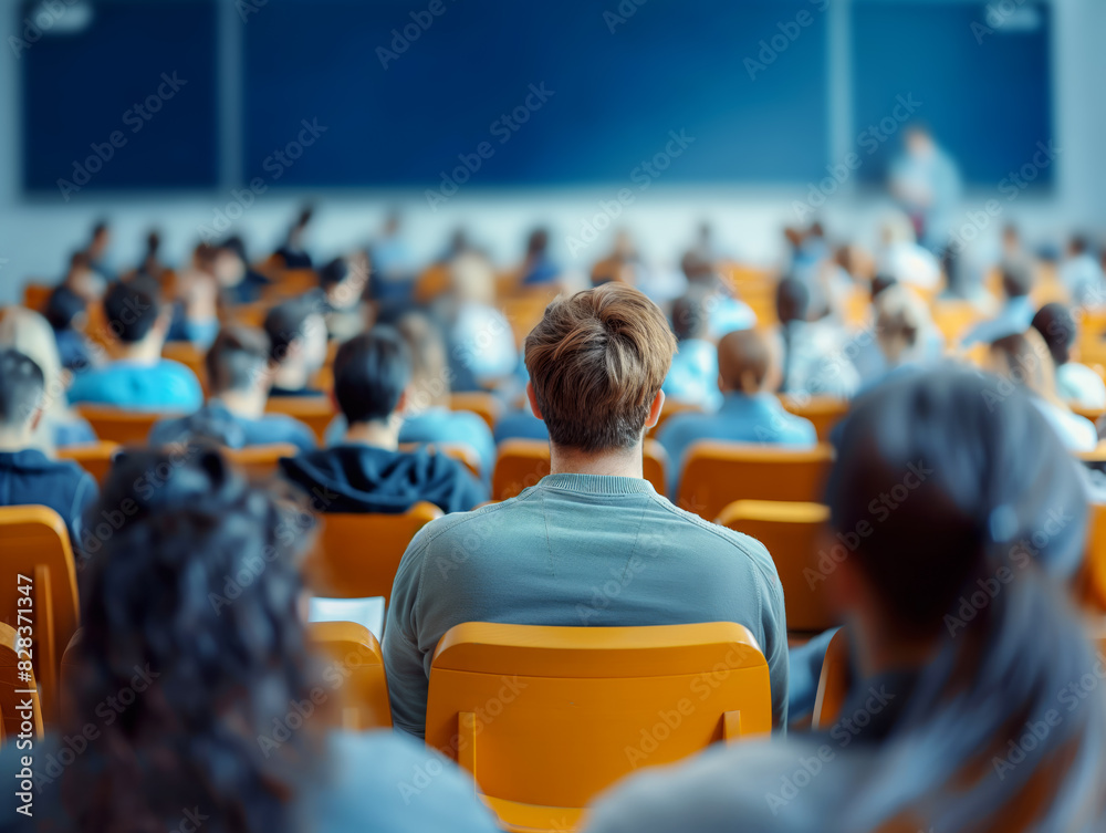 Poster students sitting in a lecture hall focused on a speaker, concept of education and learning. generati