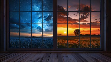 A starry night sky with the moon peeking through scattered clouds, framed by a window, creating a magical atmosphere.