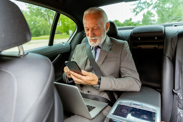 Elderly businessman checking his smartphone while traveling in a luxury sedan