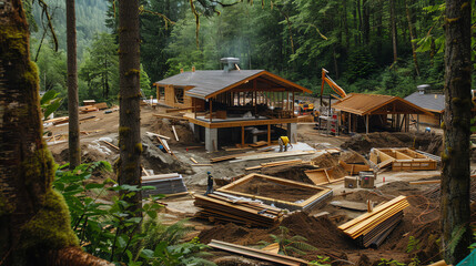 The construction of a wooden house in the middle of a forest.