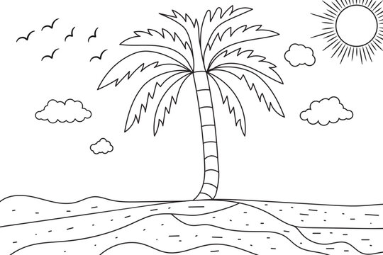 Summer sunset tropical beach line art vector illustration, hand drawn sunset and sunrise outline landscape tropical beach, palm tree with sunset waves Nature view, Kids drawing Beach coloring pages