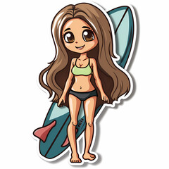 A surfer Cute girl character on a White Canvas Sticker,vector image