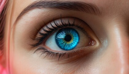Macro shot of a human eye showcasing a striking blue iris, detailed textures of the skin and...