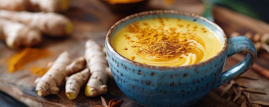 Healthy drinks, Golden turmeric latte in blue mug with fresh ginger root.