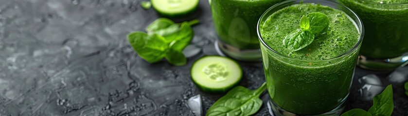 Healthy drinks, Closeup of three glasses of green smoothie with cucumber and spinach.
