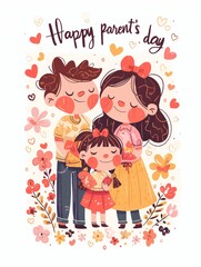 Mother and Fathe Hugging Baby Love Emotion at Floral Heart Illustration 