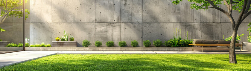 Contemporary patio garden with a concrete wall, lush greenery, and a stylish outdoor seating area, creating a tranquil and modern outdoor living space, Banner.