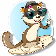 Naklejka premium Cartoon surfer Cute animal on a White Canvas Sticker,vector image