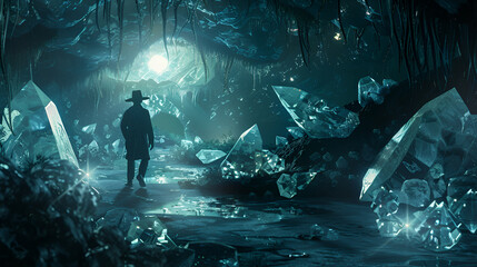 Explorer in a Mysterious Setting with Glittering Diamonds Thriller Journey with blue light background