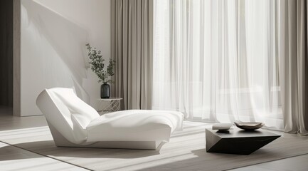 Minimalist living room in white color with a white chaise lounge, a geometric coffee table, and large white curtains
