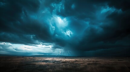 A dramatic stormy sky over a vast, open field. The dark clouds are lit by a flash of lightning, creating a sense of power and foreboding.