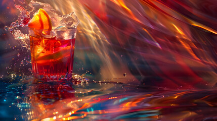 Artistic shot of a cocktail with a garnish, with light casting shadows and highlighting the vibrant colors and textures of the drink and garnish.