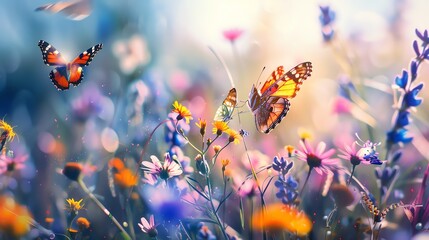 A vibrant meadow bursting with colorful wildflowers, butterflies flutter amidst the blooms in a scene of summer beauty.