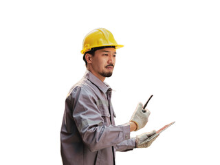 Asian worker using walkie talkie communicate with container team