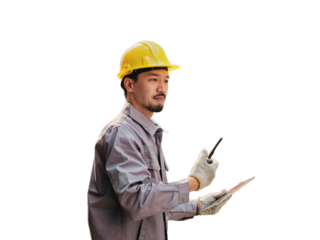 Asian worker using walkie talkie communicate with container team