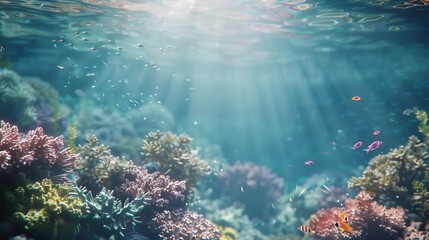 Fototapeta premium Sunbeams illuminate a vibrant underwater scene of colorful coral reef and fish.