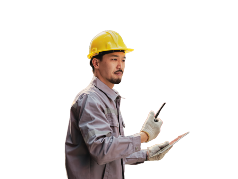 Asian worker using walkie talkie communicate with container team