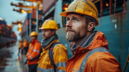 Industrial worker works with co-worker at overseas shipping container yard . Logistics supply chain management and international goods export concept