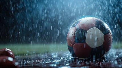 A soccer ball resting in the net as rain pours down, with droplets streaking through the air and puddles forming on the field.