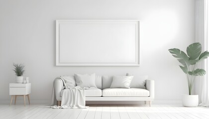 Mock up frame in white home interior background, bright room with minimal decor, 3d render