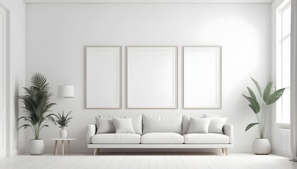 Mock up frame in white home interior background, bright room with minimal decor, 3d render